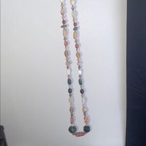 Vintage Long Multicolor Gem Patterned Beaded Necklace with Gold Accents